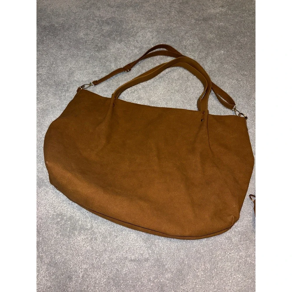 Large Tan Faux Suede Slouchy Tote Bag with Matching Pouch Crossbody‎ Strap